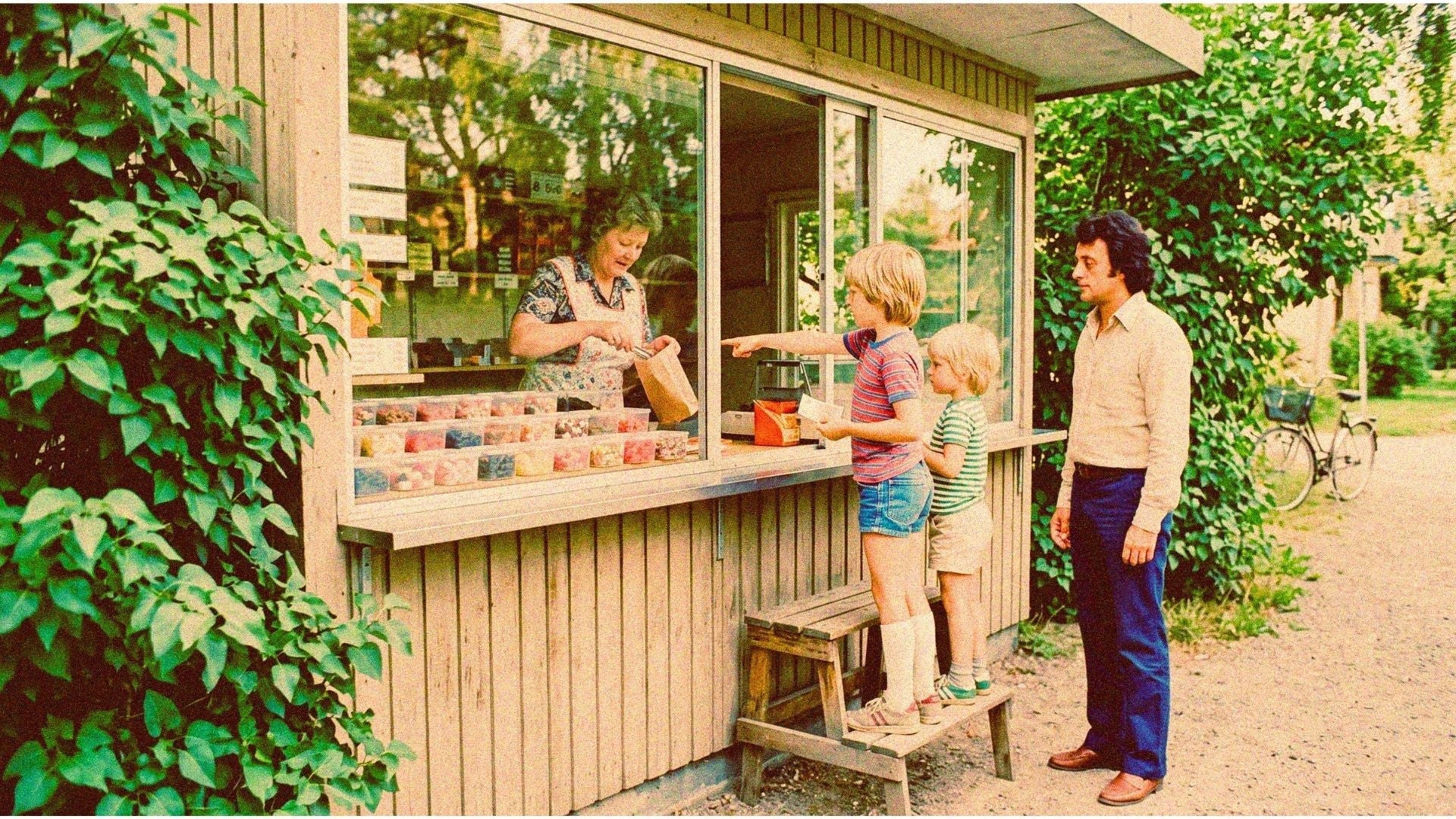 Two blond brothers choosing lösgodis at a small Swedish kiosk in the 1980s while their father waits beside them and the kiosk lady counts candy into a paper bag.