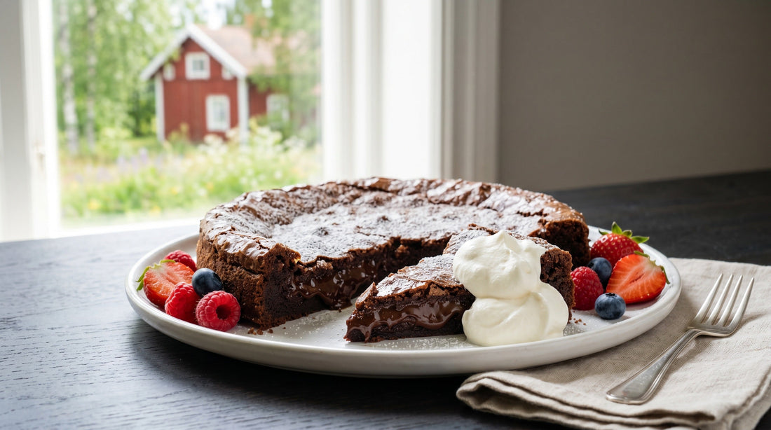 Authentic Swedish Kladdkaka (sticky chocolate cake) dusted with powdered sugar – traditional Nordic fika recipe | Swedish Cravings