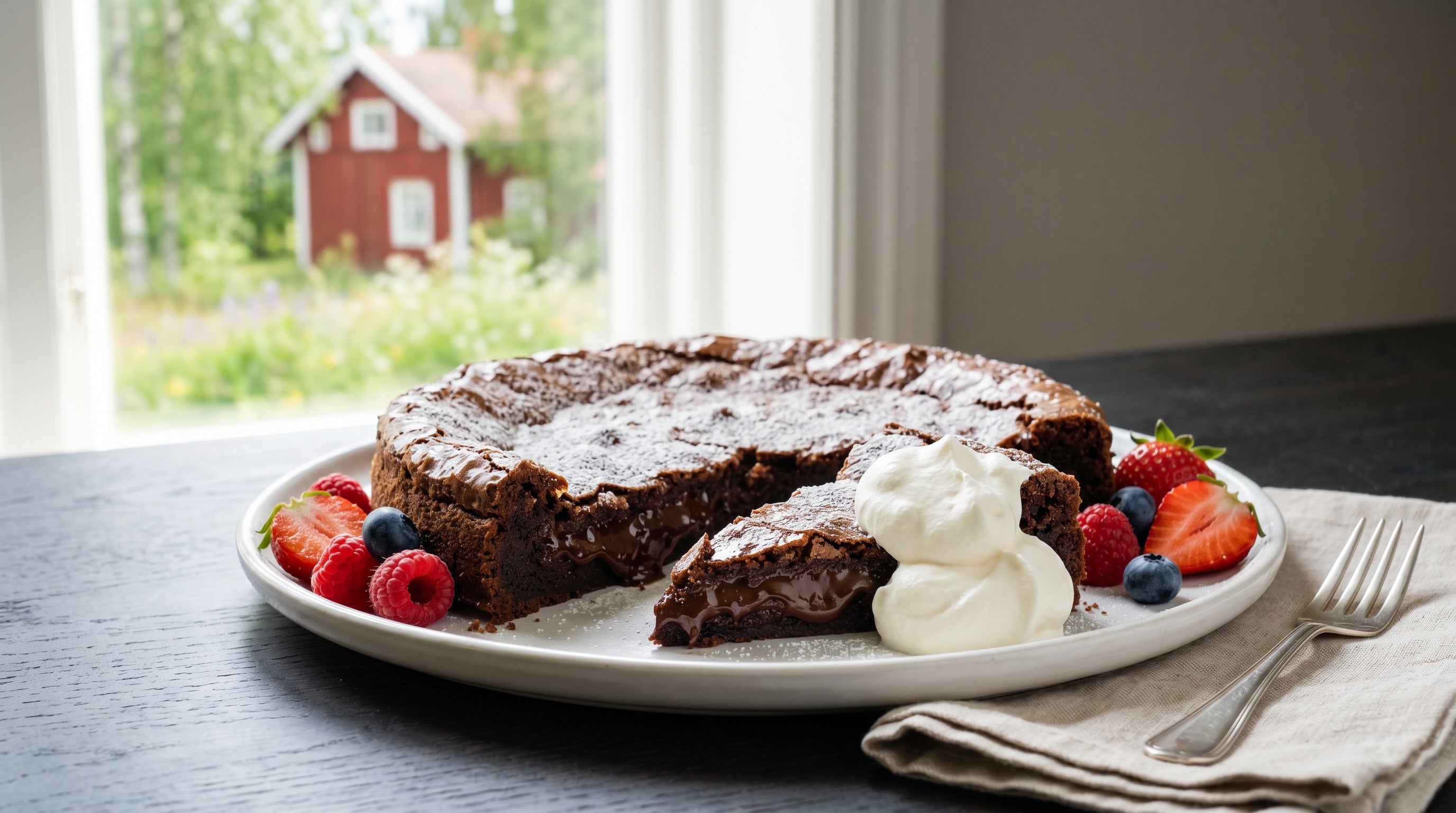 Authentic Swedish Kladdkaka (sticky chocolate cake) dusted with powdered sugar – traditional Nordic fika recipe | Swedish Cravings