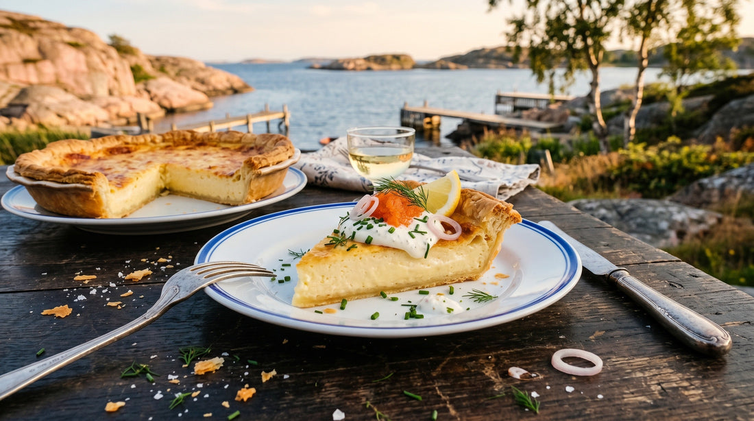 Authentic Swedish Västerbottensostpaj (Västerbotten cheese pie) golden and freshly baked – classic Nordic midsummer recipe | Swedish Cravings