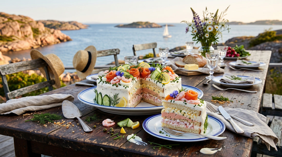 Authentic Swedish Smörgåstårta (sandwich cake) decorated with shrimp, dill and vegetables – traditional Nordic celebration dish | Swedish Cravings