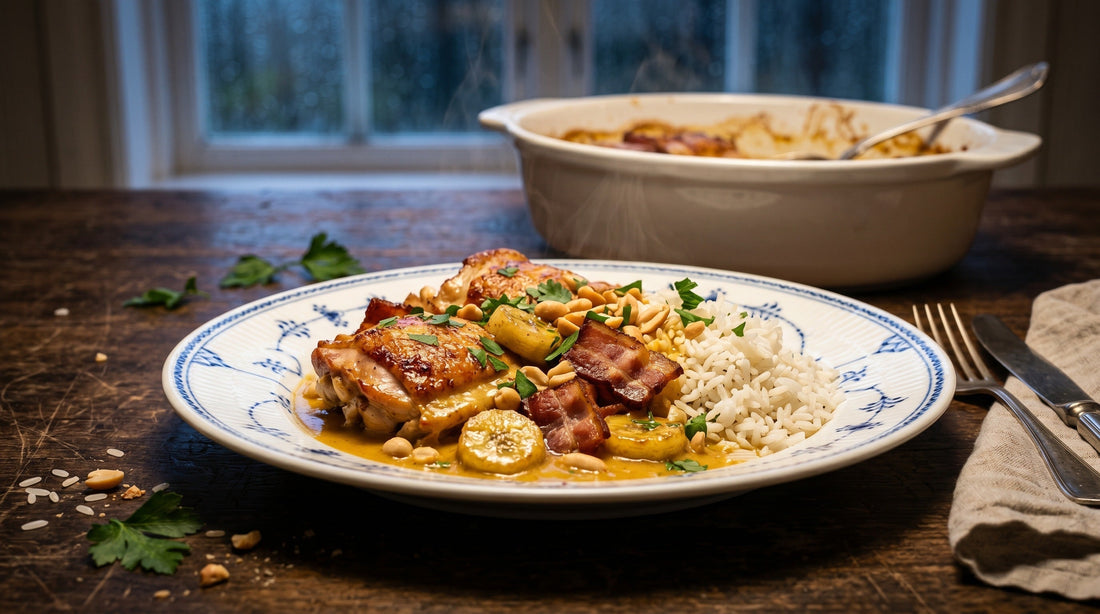 Authentic Swedish Flygande Jacob (Flying Jacob) casserole with chicken, cream, chili sauce and banana – classic Nordic retro dish | Swedish Cravings