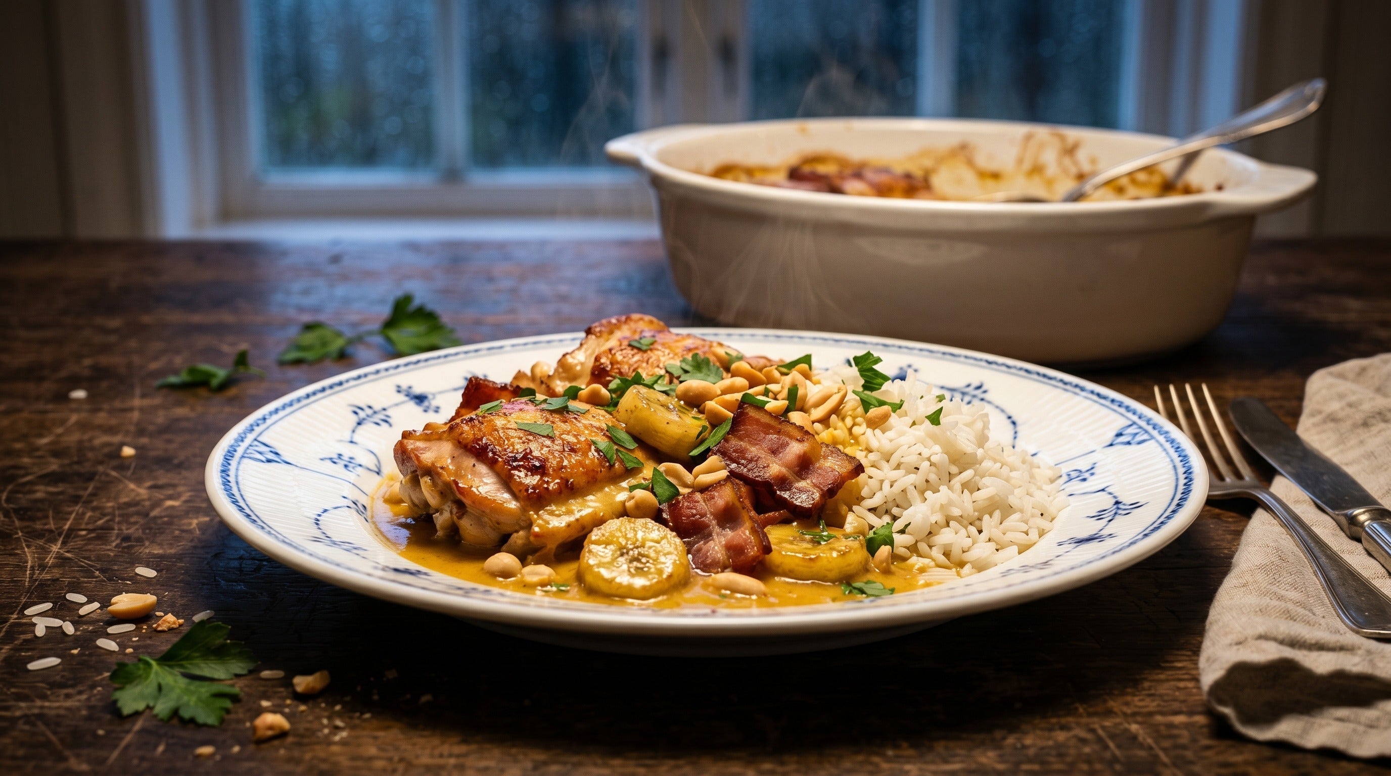 Authentic Swedish Flygande Jacob (Flying Jacob) casserole with chicken, cream, chili sauce and banana – classic Nordic retro dish | Swedish Cravings