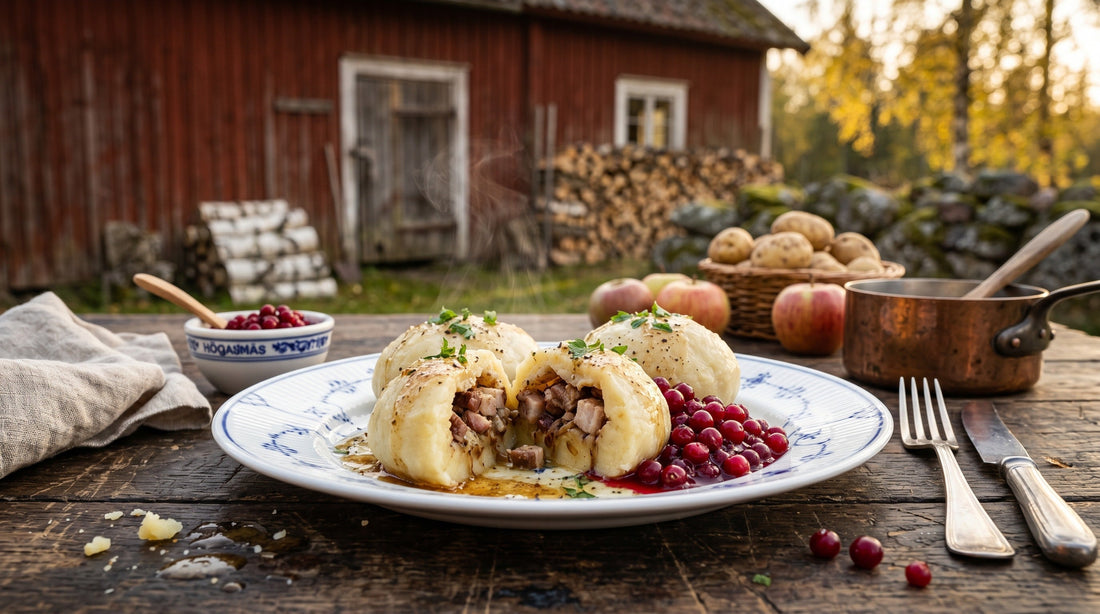 Authentic Swedish Småländska Kroppkakor (potato dumplings) filled with salt-cured pork served with lingonberries and butter – traditional Nordic dish | Swedish Cravings