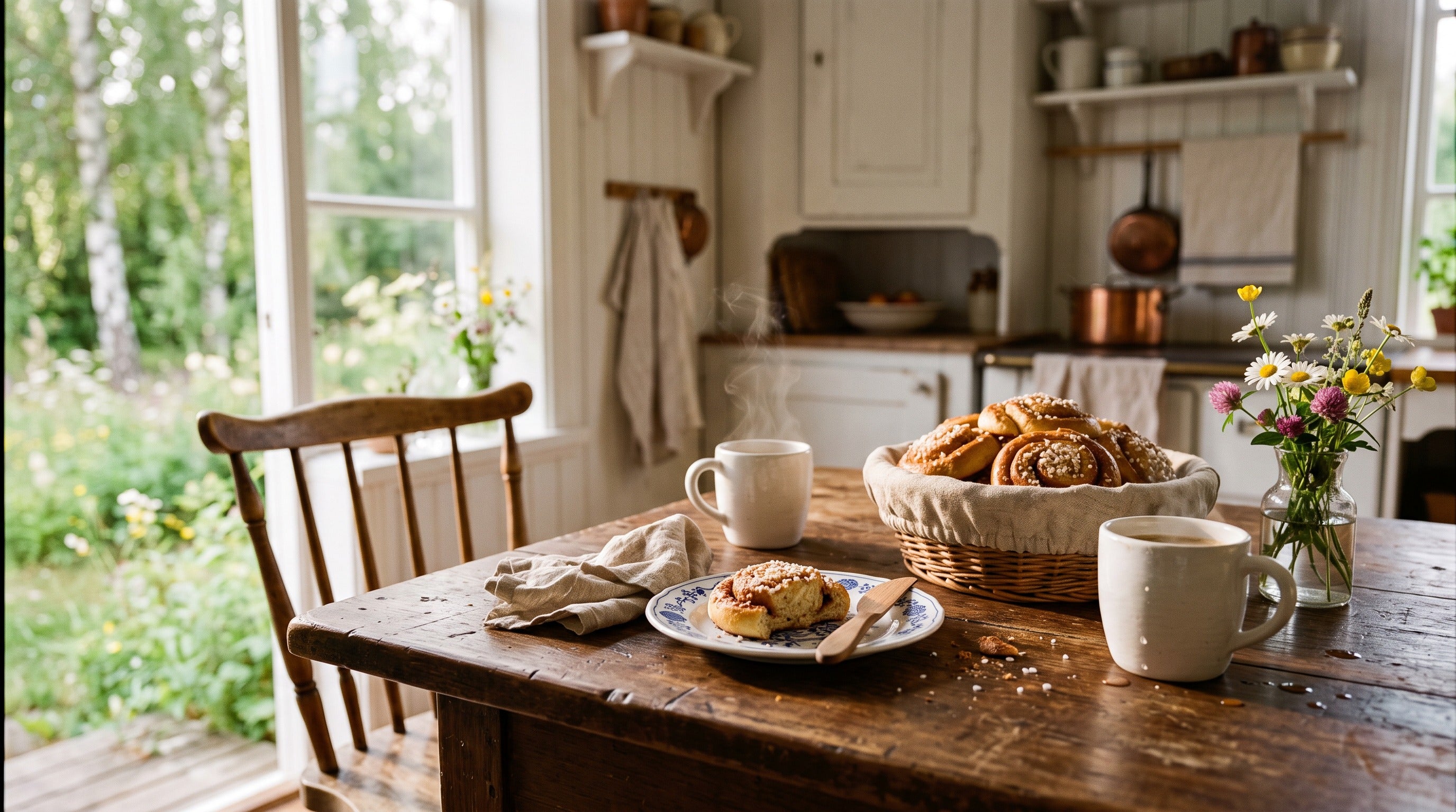 Traditional Swedish fika with freshly brewed coffee and homemade cinnamon buns on a rustic farmhouse table in a sunlit Swedish kitchen.