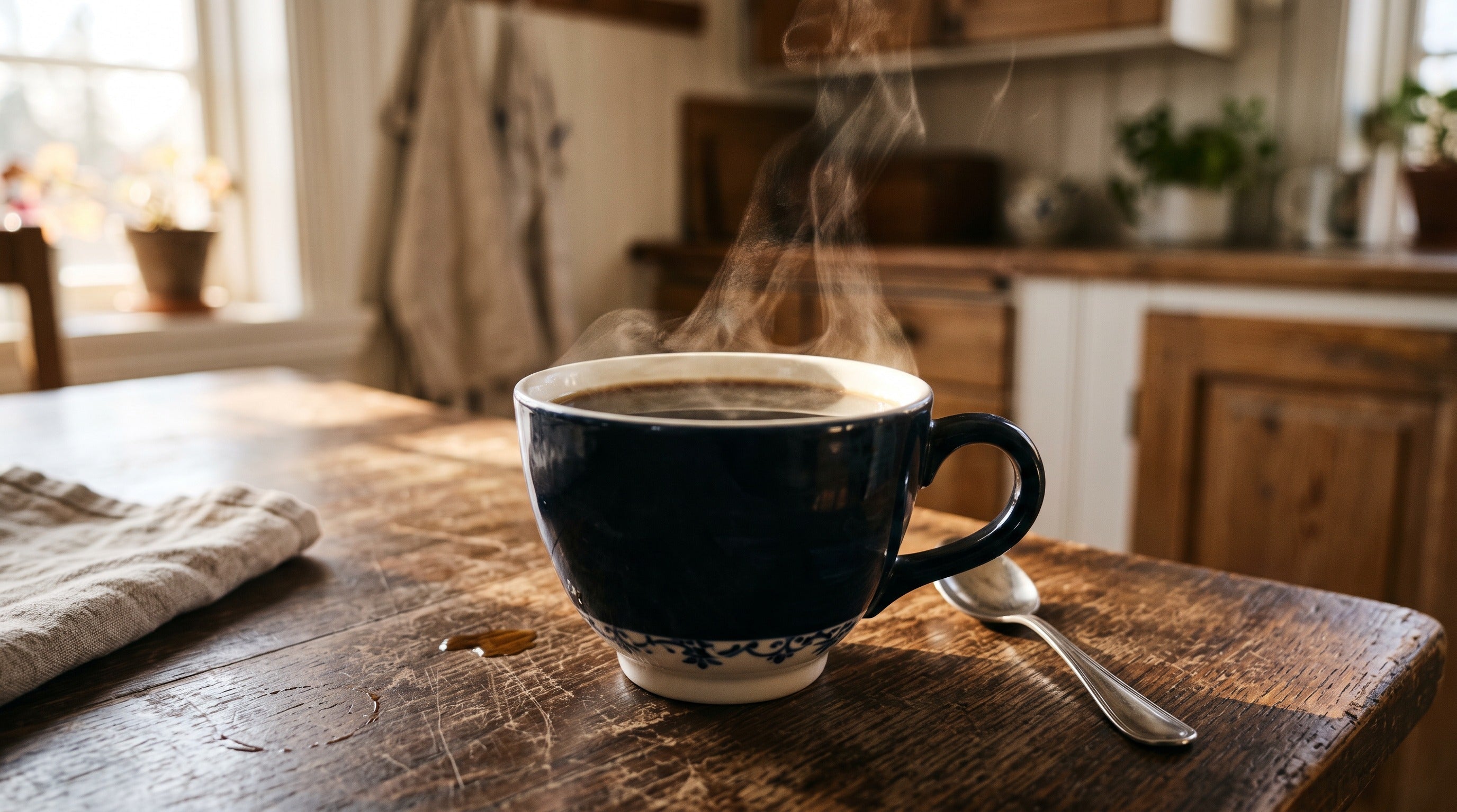 Close-up of a steaming cup of freshly brewed Swedish filter coffee in a white and blue Höganäs mug on a rustic wooden table in a warm Swedish farmhouse kitchen.