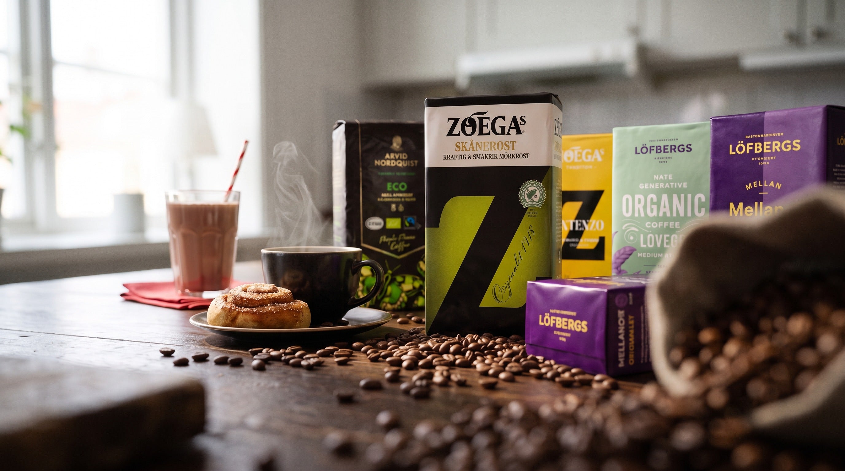 Swedish coffee brands displayed on a rustic wooden table with a steaming cup of coffee, cinnamon bun, scattered coffee beans and soft natural light in a Scandinavian kitchen.