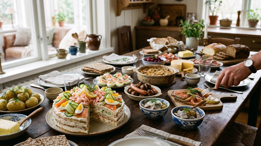 Traditional Swedish smörgåsbord with smörgåstårta, gravlax, pickled herring, meatballs, sausages, potatoes, crispbread and cheese on a rustic table.