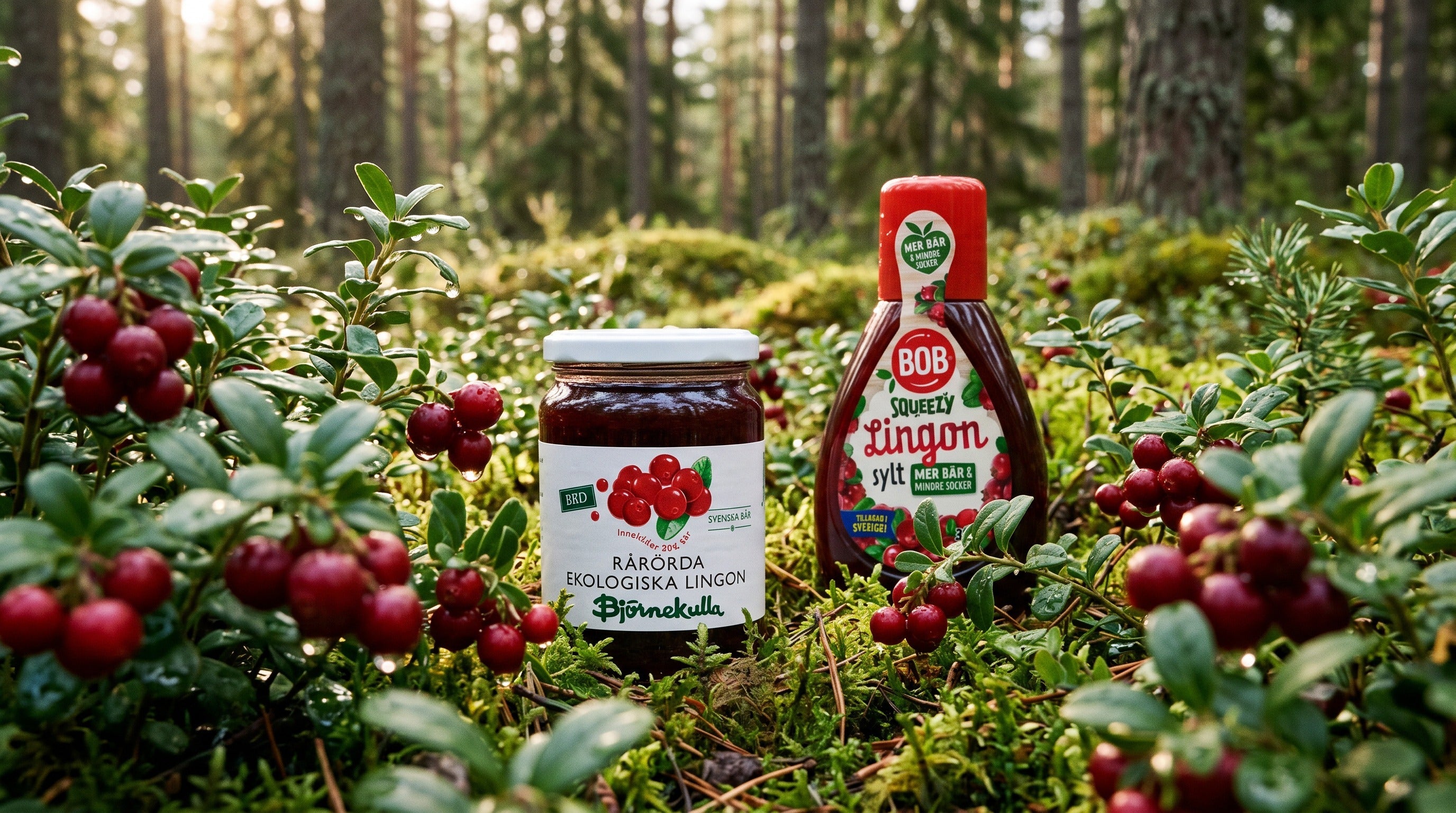 Lingonberry jam and rårörda lingon jars surrounded by ripe lingonberries in a lush Swedish forest.