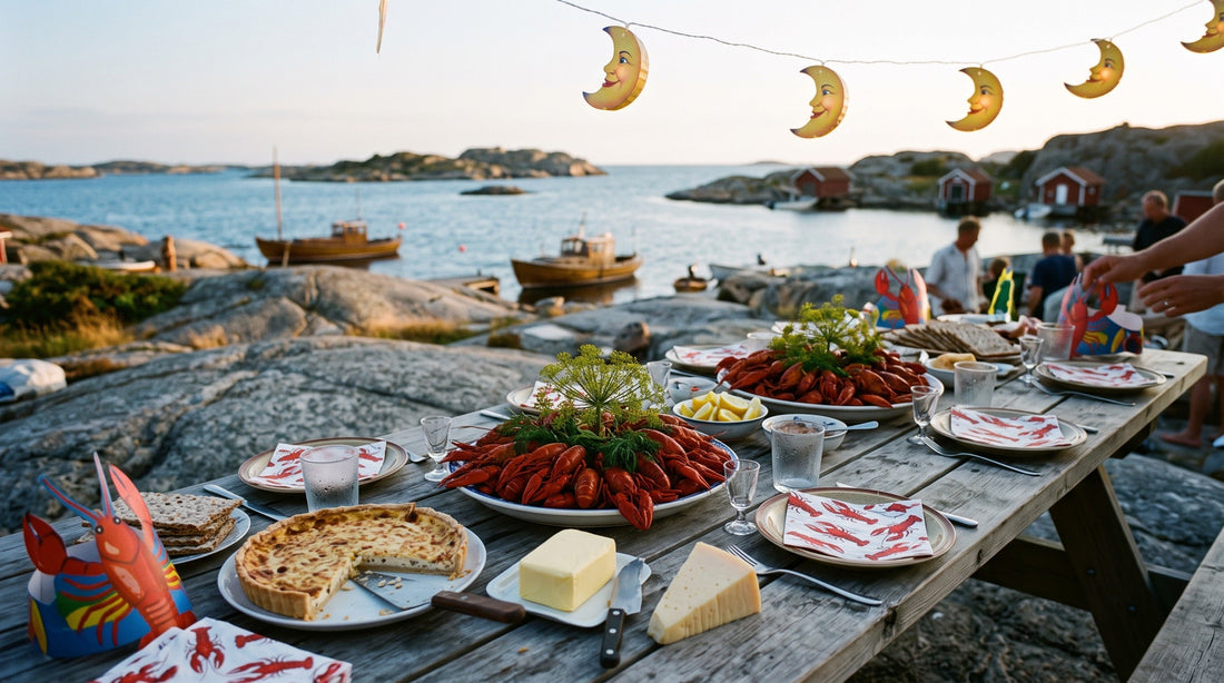 Traditional Swedish kräftskiva table with red crayfish, crown dill, paper hats and smiling moon lanterns during a warm August evening.