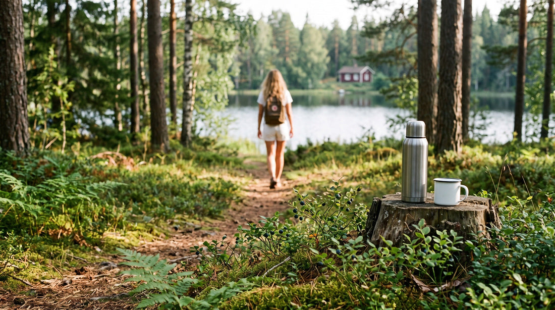 Quiet Swedish forest beside a lake with a simple outdoor picnic, wild blueberries and a small tent representing allemansrätten.
