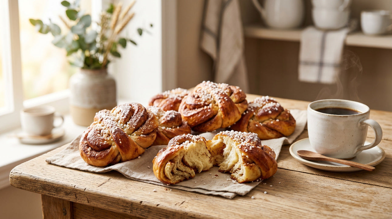 Close-up of freshly baked Swedish kanelbullar with pearl sugar and cardamom beside a cup of coffee on a rustic wooden table.