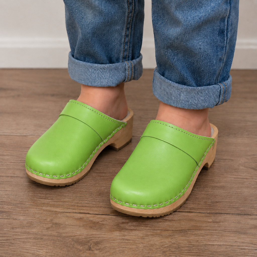 Original Green Swedish Wooden Clogs – Handmade in Sweden | Genuine Green Leather & Alder Wood