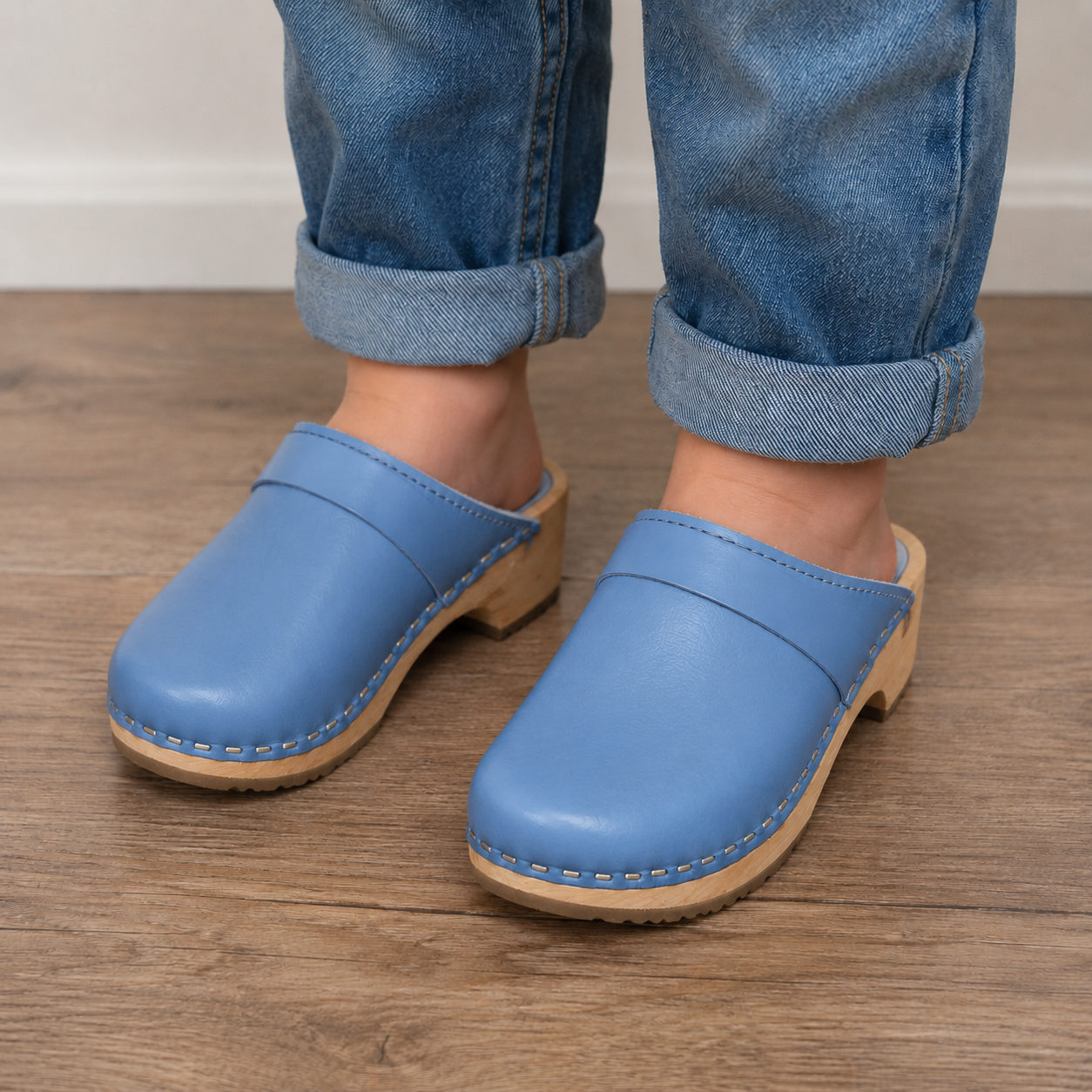 Original Blue Swedish Wooden Clogs – Handmade in Sweden | Genuine Blue Leather & Alder Wood