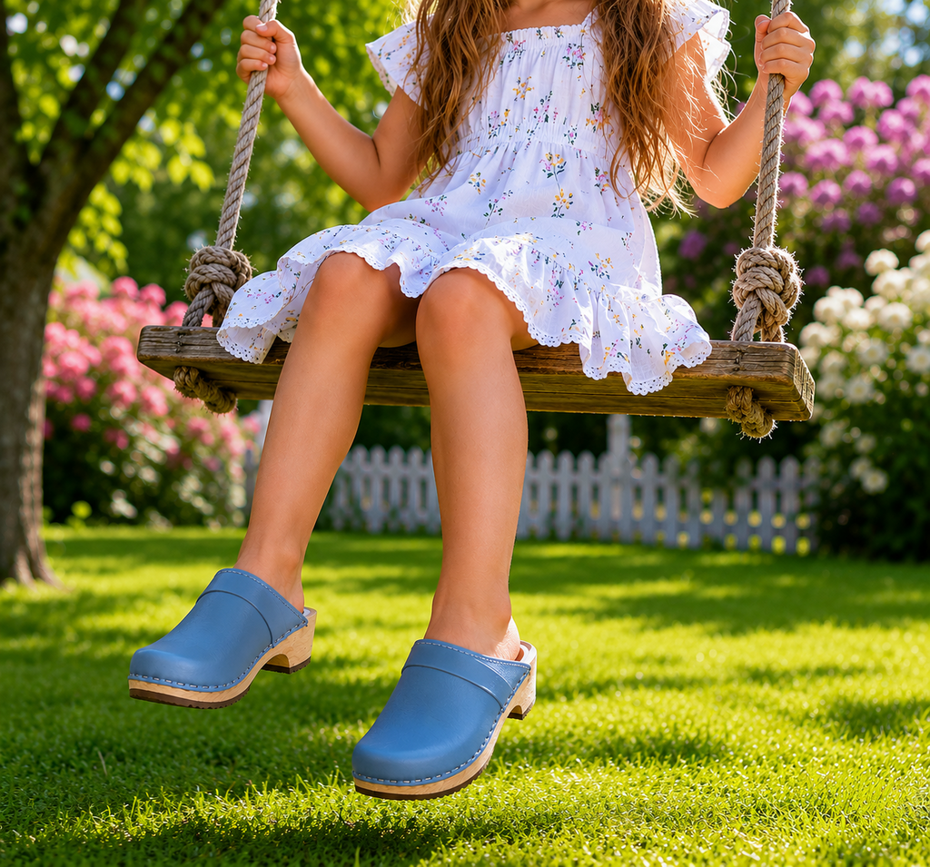 Original Blue Swedish Wooden Clogs – Handmade in Sweden | Genuine Blue Leather & Alder Wood
