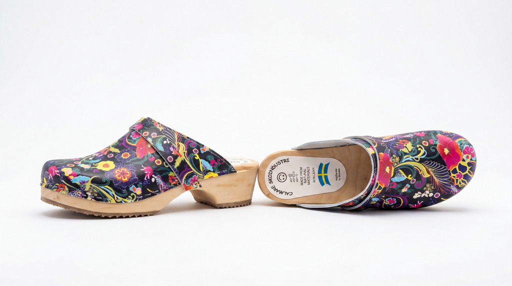 Swedish Wooden Clogs "Dala" – Handmade Floral Leather Clogs with Alder Wood Sole | Made in Sweden