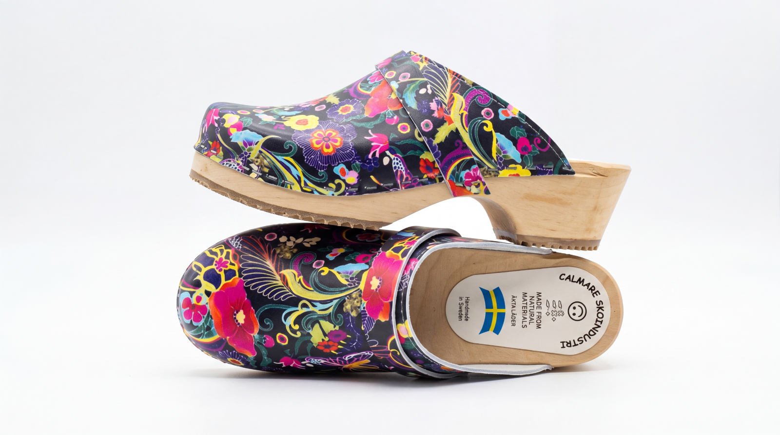 Swedish Wooden Clogs "Dala" – Handmade Floral Leather Clogs with Alder Wood Sole | Made in Sweden