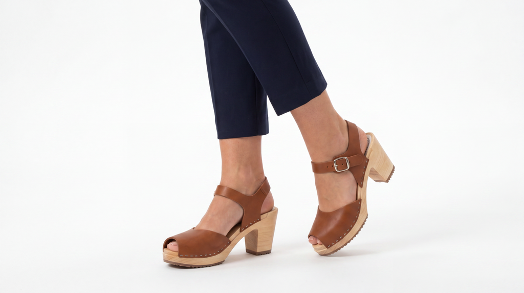 Hedda High Natur Swedish Wooden Clogs – Handmade in Sweden | Genuine Natural Leather | 7cm High Heel