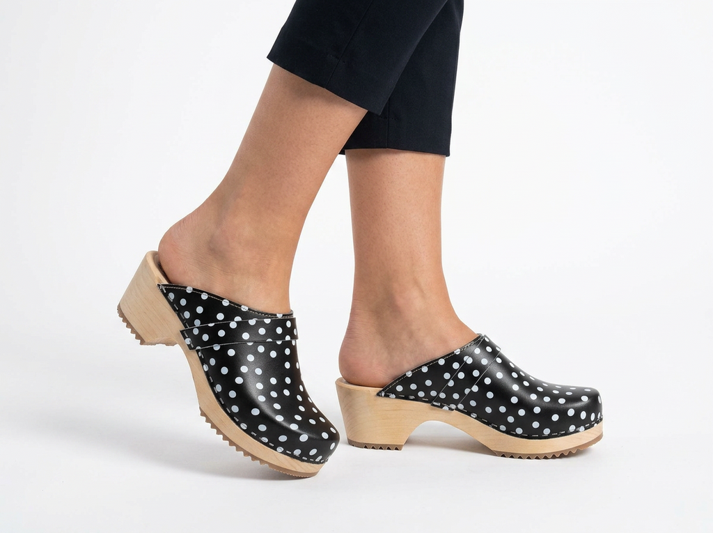 Calmare Swedish Wooden Clogs "Dark Blue Dots" – Handmade Genuine Leather Clogs with Alder Wood Sole | Made in Sweden