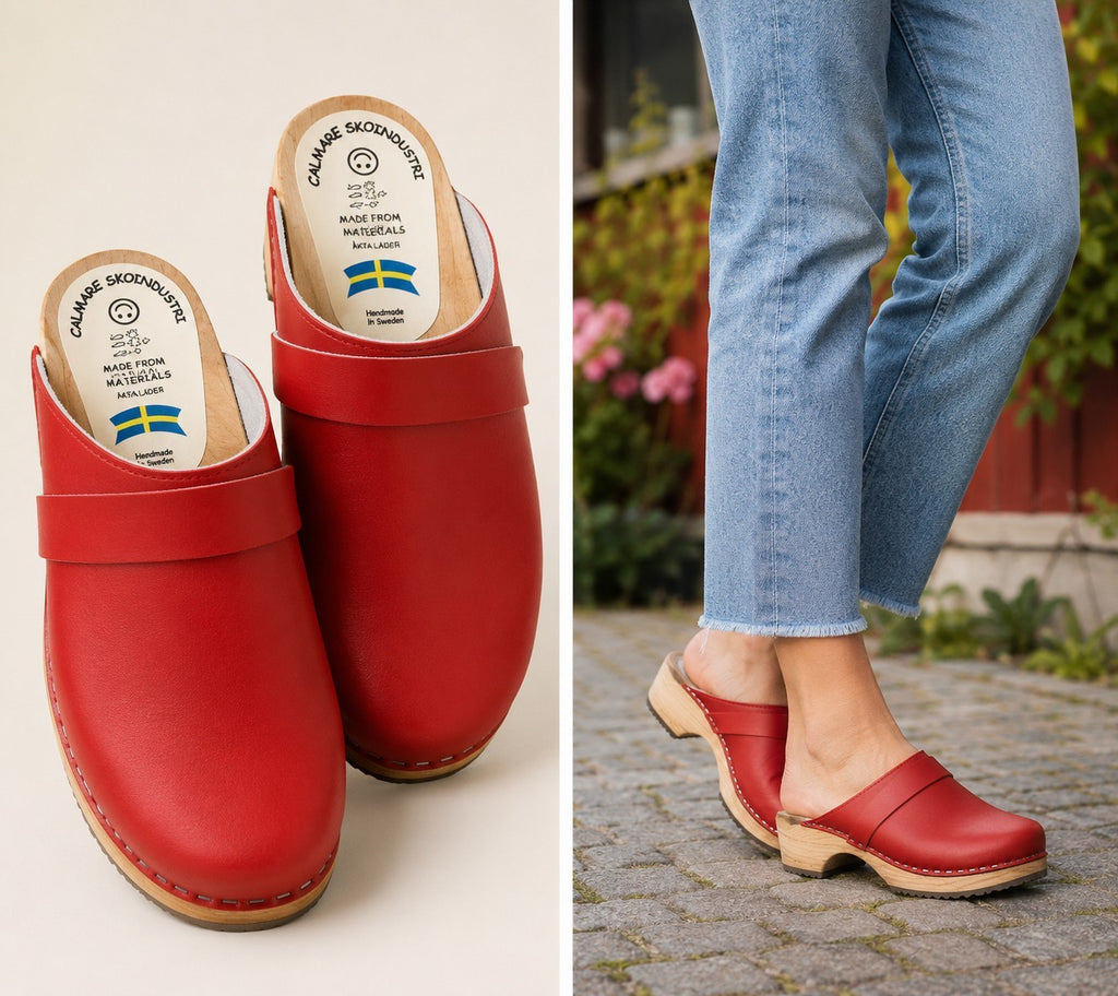 Calmare Original Swedish Red Wooden Clogs – Handmade in Sweden | Genuine Leather & Alder Wood