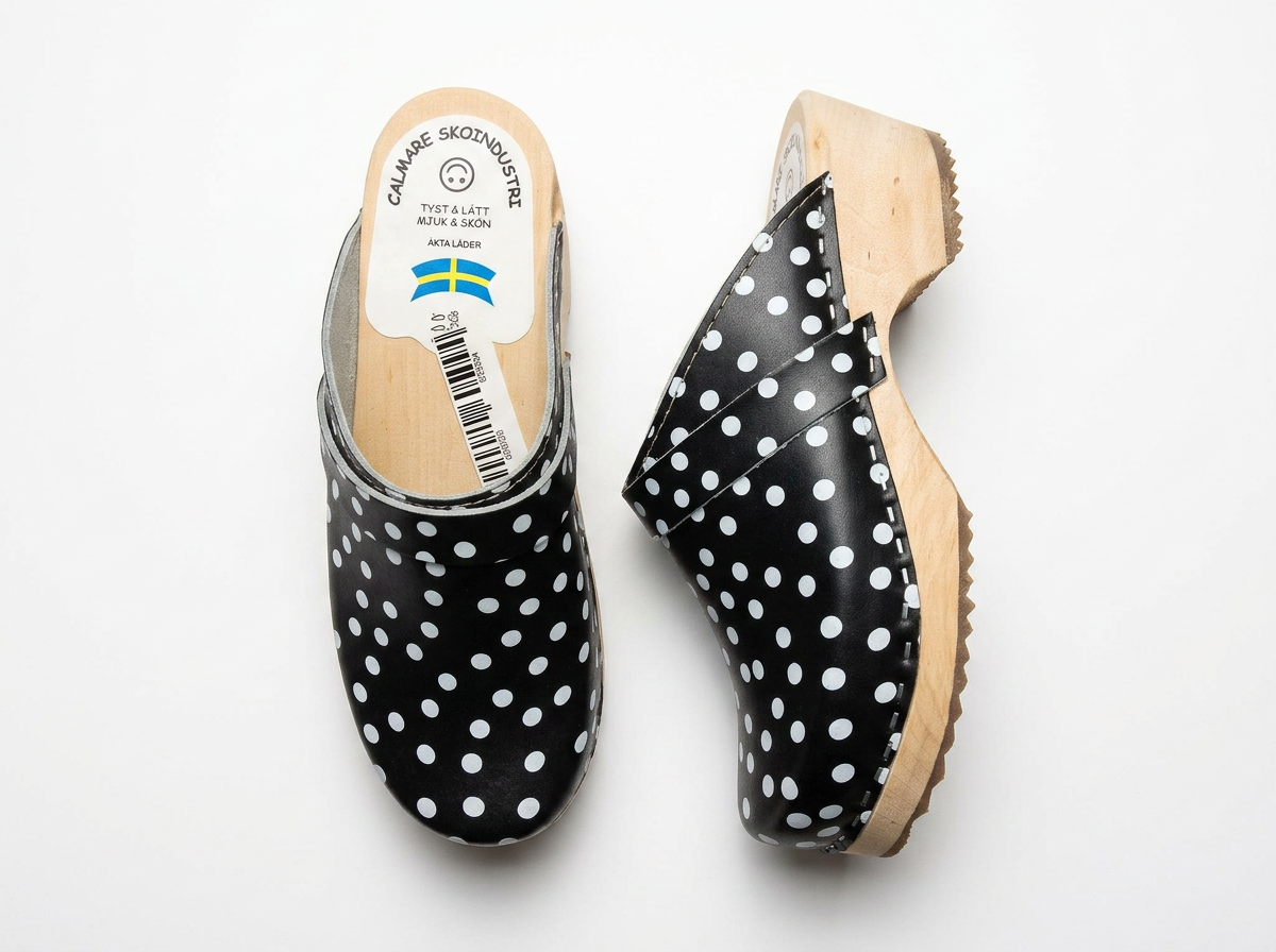 Calmare Swedish Wooden Clogs "Dark Blue Dots" – Handmade Genuine Leather Clogs with Alder Wood Sole | Made in Sweden