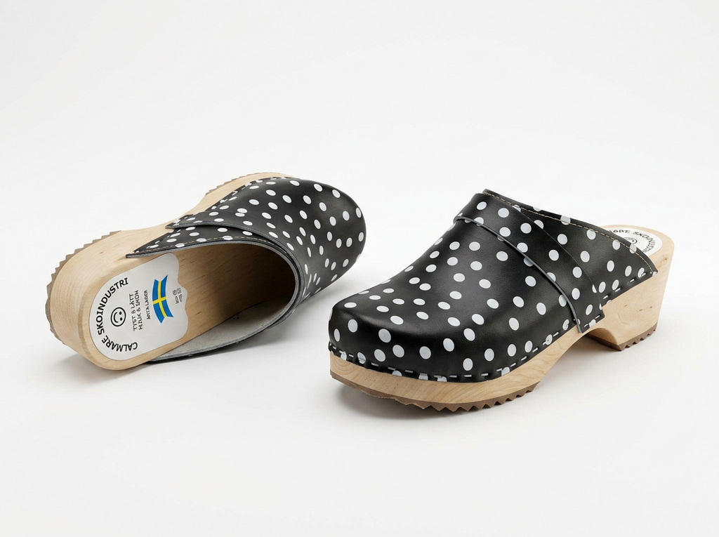 Calmare Swedish Wooden Clogs "Dark Blue Dots" – Handmade Genuine Leather Clogs with Alder Wood Sole | Made in Sweden