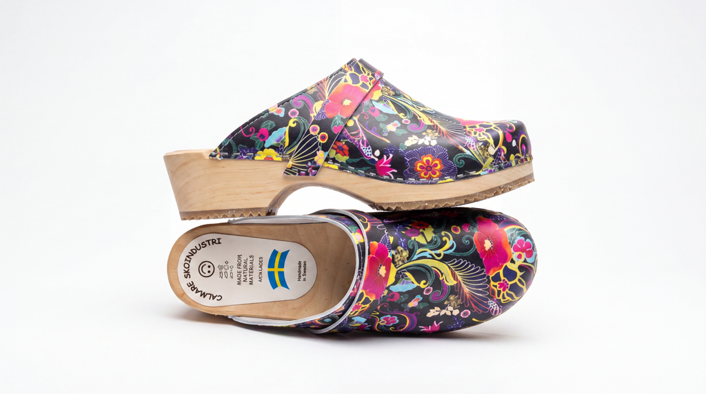 Swedish Wooden Clogs "Dala" – Handmade Floral Leather Clogs with Alder Wood Sole | Made in Sweden