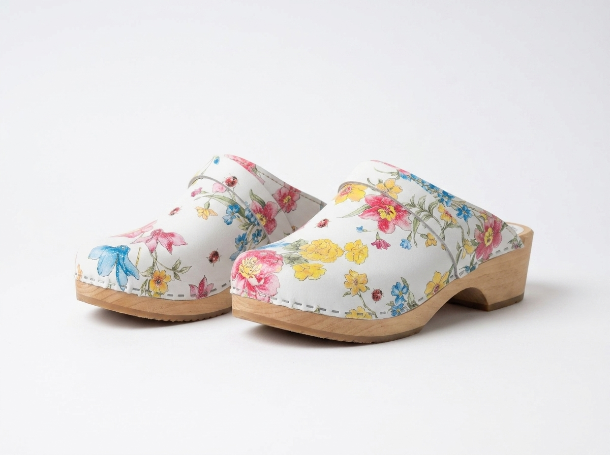 Swedish Wooden Clogs "Sommarblomma" – Handmade Floral Leather Clogs with Alder Wood Sole | Made in Sweden