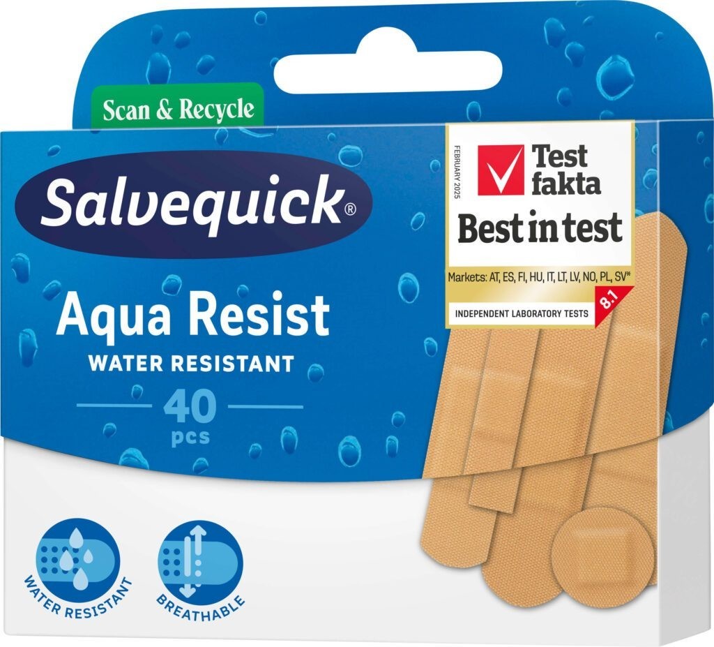 Salvequick Aqua Resist Waterproof Plasters 40 pcs – Flexible Water-Resistant Adhesive Bandages