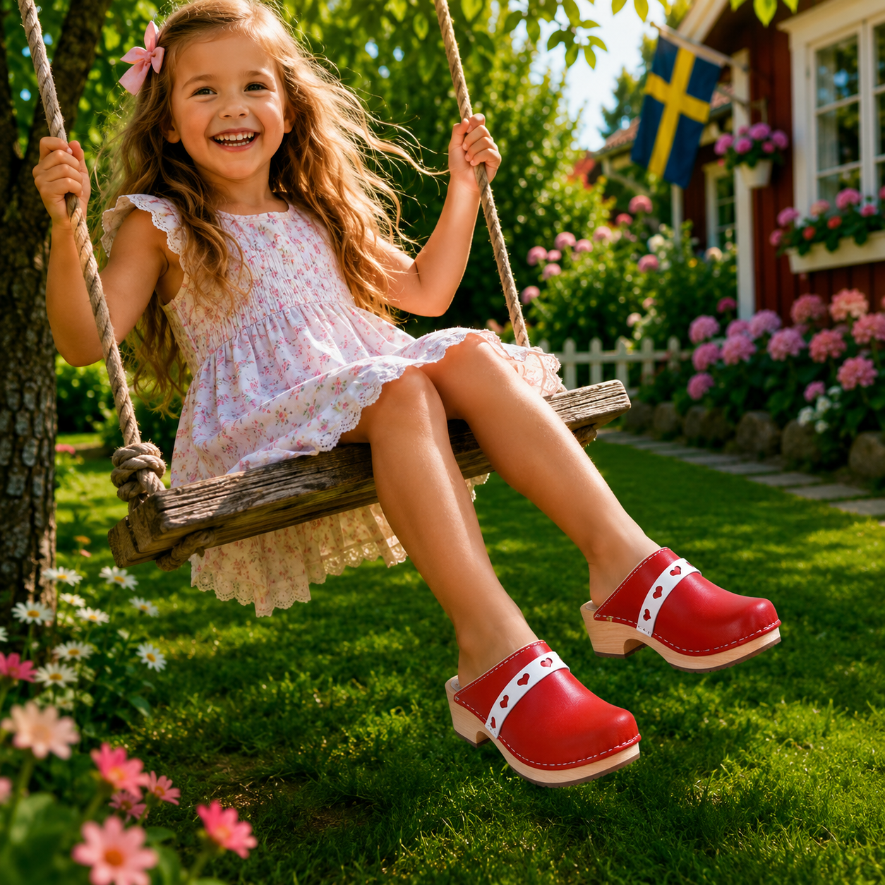 Original Red with Hearts Swedish Wooden Clogs – Handmade in Sweden | Genuine Leather & Alder Wood