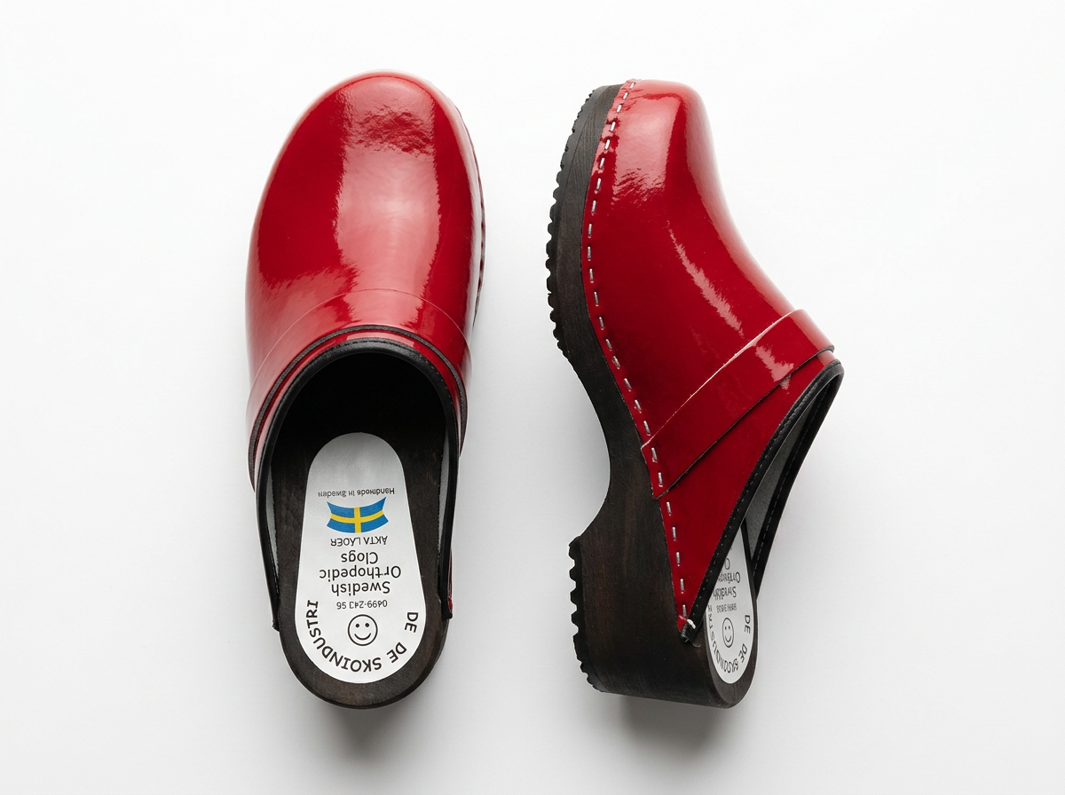 Swedish Wooden Clogs "Red Original Lack" – Handmade Patent Leather Clogs with Alder Wood Sole | Made in Sweden