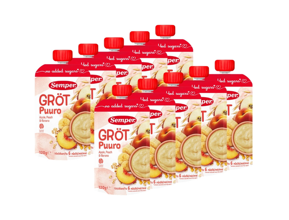 10 x Semper Gröt med Äpple, Persika & Banan – Swedish Oat Porridge Pouches for Babies from 6 Months, 10 x 120g

