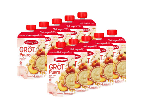 10 x Semper Gröt med Äpple, Persika & Banan – Swedish Oat Porridge Pouches for Babies from 6 Months, 10 x 120g

