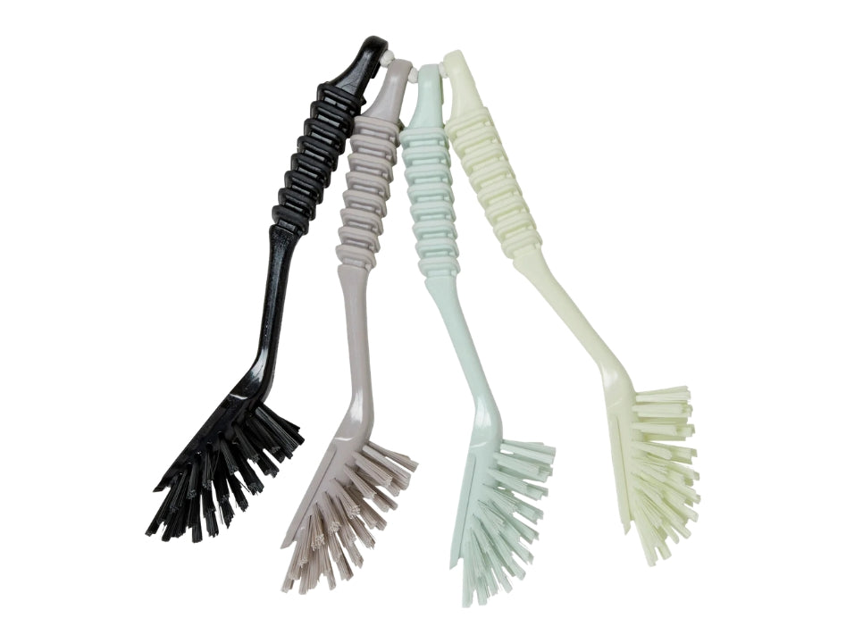 1 x Diskborste Gummihandtag – Swedish Dish Brush with Rubber Grip, available in black, soft grey, pale mint and cream, angled bristle head with pointed cleaning edge
