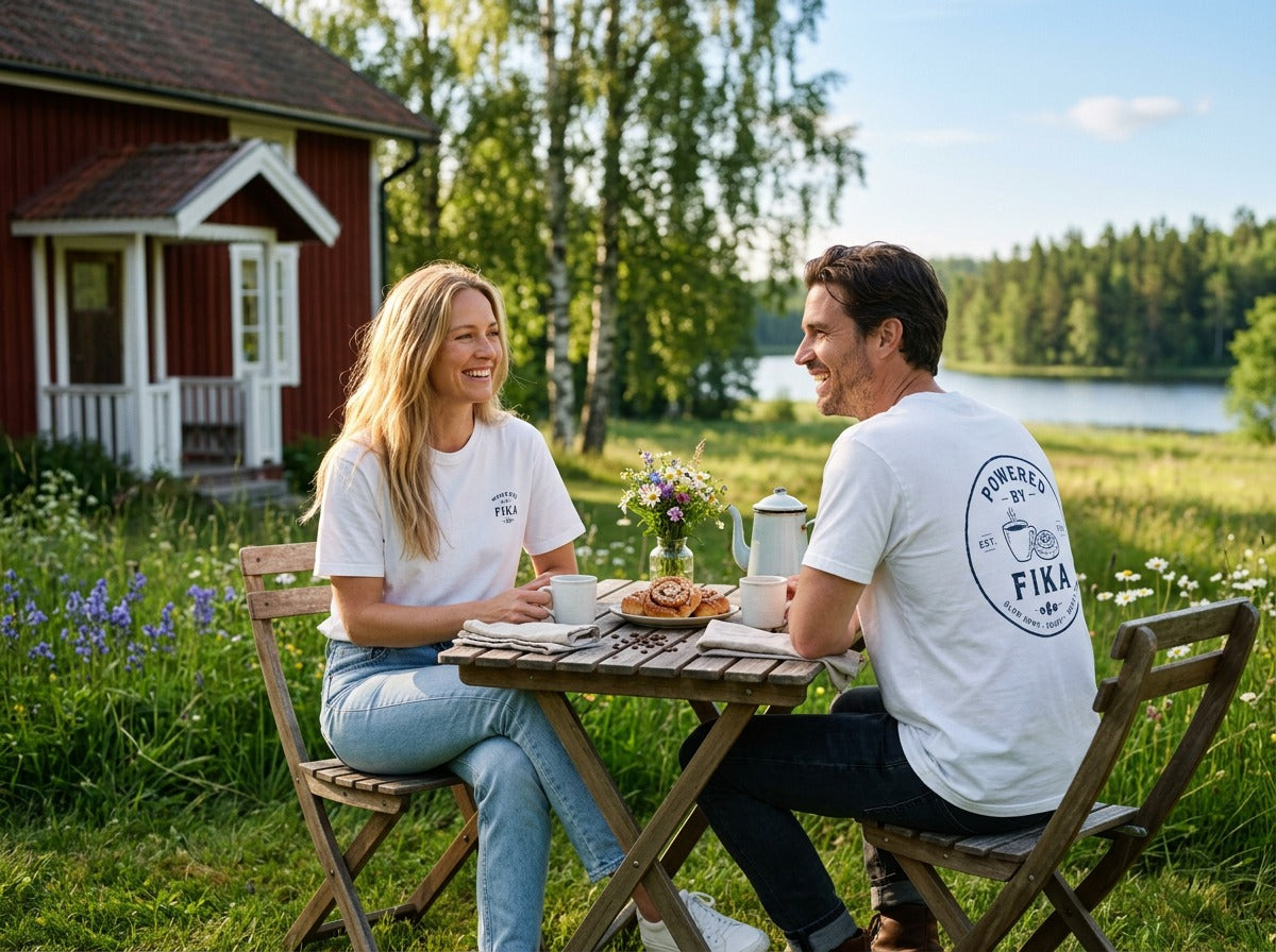 Powered by Fika™ – Slow Down • Enjoy • Repeat - Unisex T-shirt