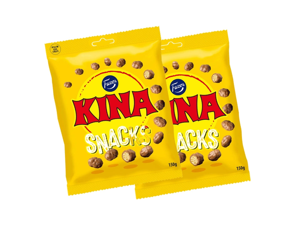2 × Fazer Kina Gul Snacks (Puffar) 150g – Swedish white chocolate-coated puffed corn candy 2-pack

