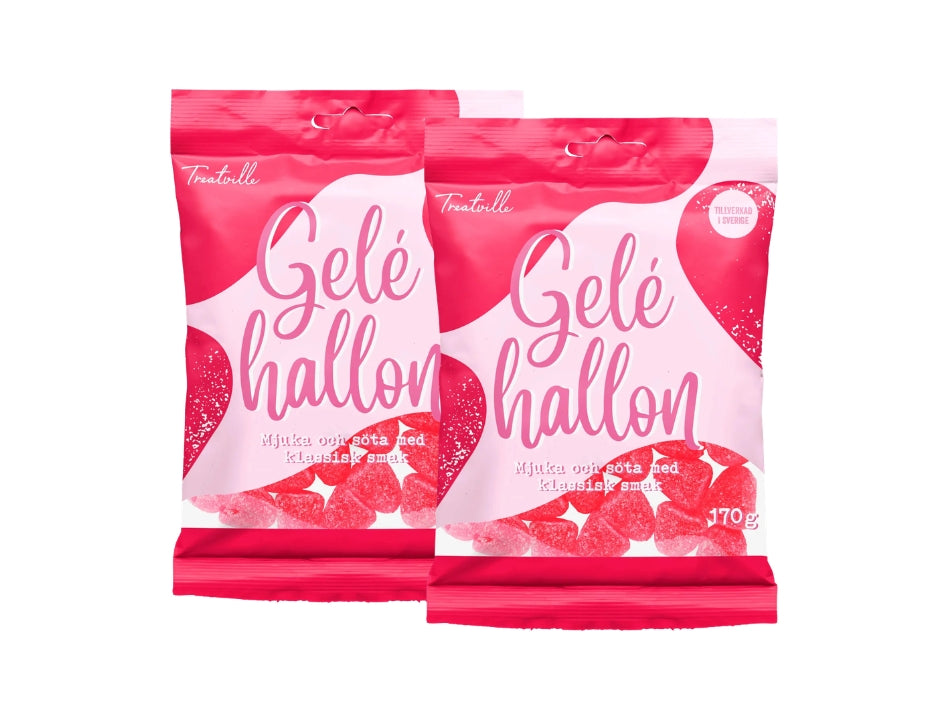 2 × Treatville Geléhallon 170g – Swedish Raspberry Jelly Candy Multipack, two bags of soft sugar-coated raspberry jelly candies from Sweden

