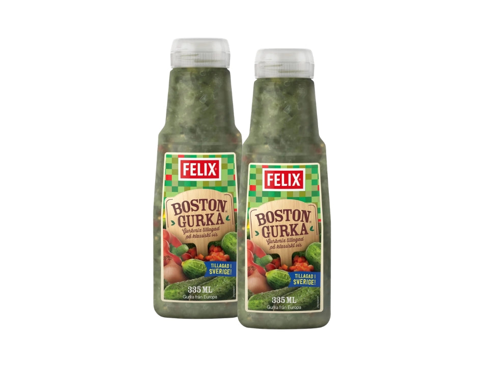 2 x Felix Bostongurka 335ml – Swedish Pickle Relish with Cucumber, Onion, Red Pepper and Mustard Seeds

