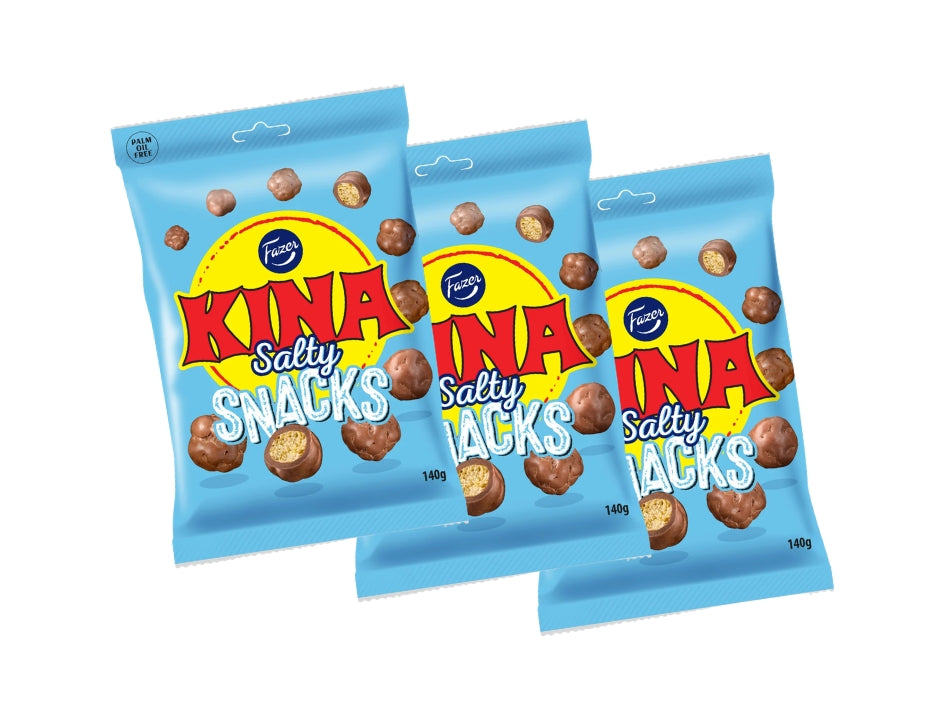 3 × Fazer Kina Blå Salty Snacks (Puffar) 140g – Swedish chocolate-coated salty puffed corn candy 3-pack

