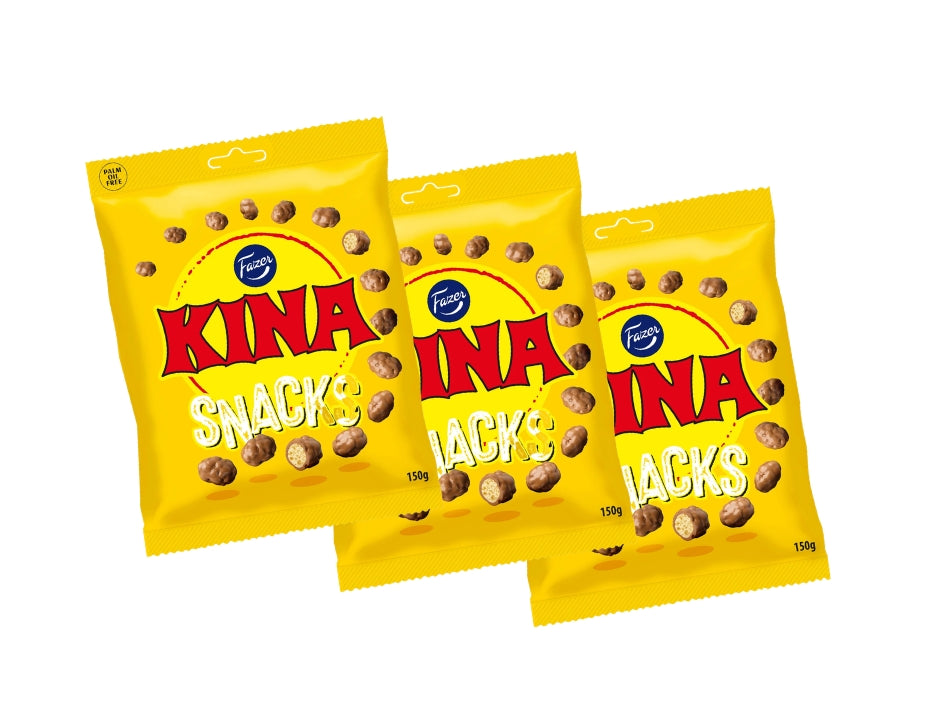 3 × Fazer Kina Gul Snacks (Puffar) 150g – Swedish white chocolate-coated puffed corn candy 3-pack


