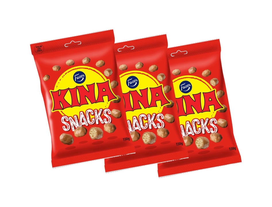 3 × Fazer Kina Röd Snacks (Puffar) 150g – Swedish chocolate-coated puffed corn candy 3-pack

