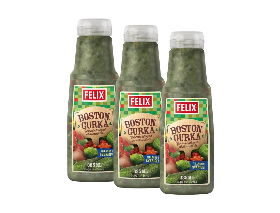 3 x Felix Bostongurka 335ml – Swedish Pickle Relish with Cucumber, Onion, Red Pepper and Mustard Seeds
