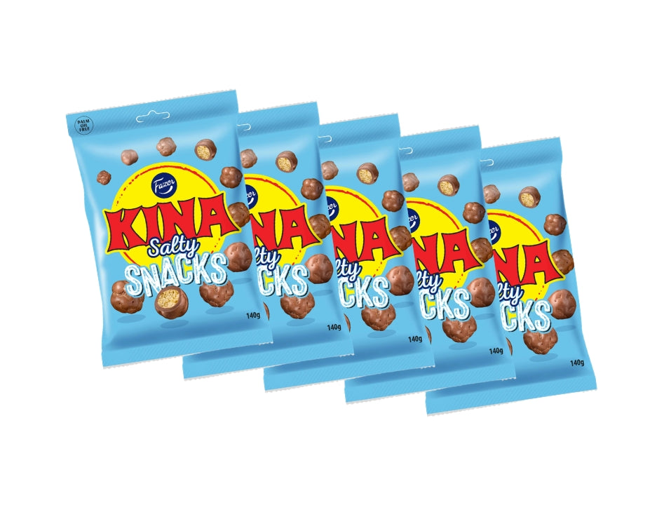 5 × Fazer Kina Blå Salty Snacks (Puffar) 140g – Swedish chocolate-coated salty puffed corn candy 5-pack

