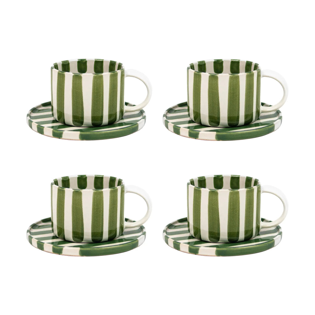 Olsson & Jensen Monica Cup & Saucer Set – Green – 4 Cups & 4 Saucers – Hand-Painted Stoneware