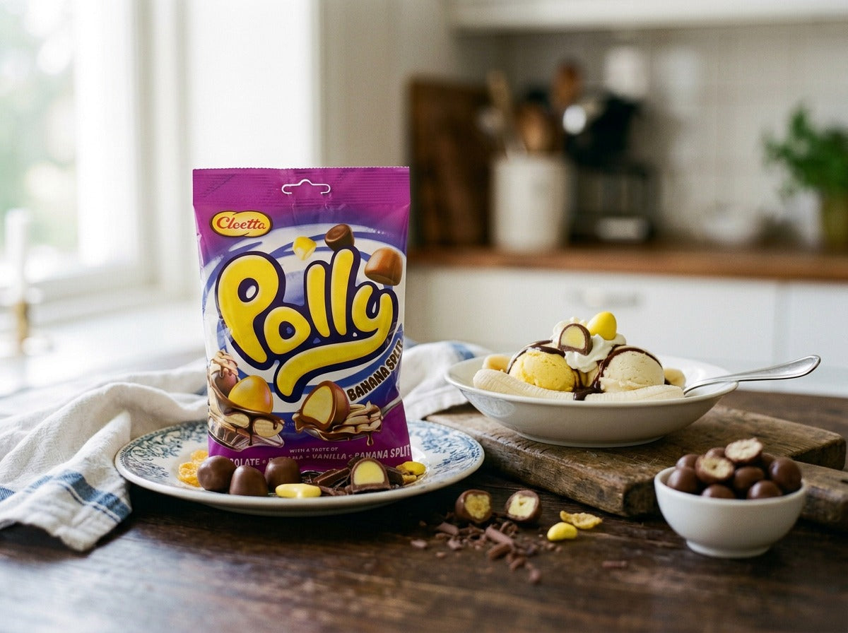 Cloetta Polly Banana Split 150g (5.3 oz) – Chewy banana and vanilla foam candy with chocolate-flavoured coating, Swedish candy by Cloetta
