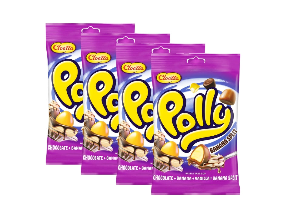 Cloetta Polly Banana Split 4 x 150g (600g / 21.2 oz) – Chewy banana and vanilla foam candy with chocolate-flavoured coating, Swedish candy multipack by Cloetta

