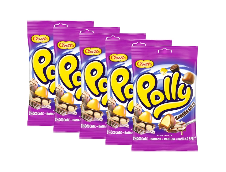 Cloetta Polly Banana Split 5 x 150g (750g / 26.5 oz) – Chewy banana and vanilla foam candy with chocolate-flavoured coating, Swedish candy multipack by Cloetta

