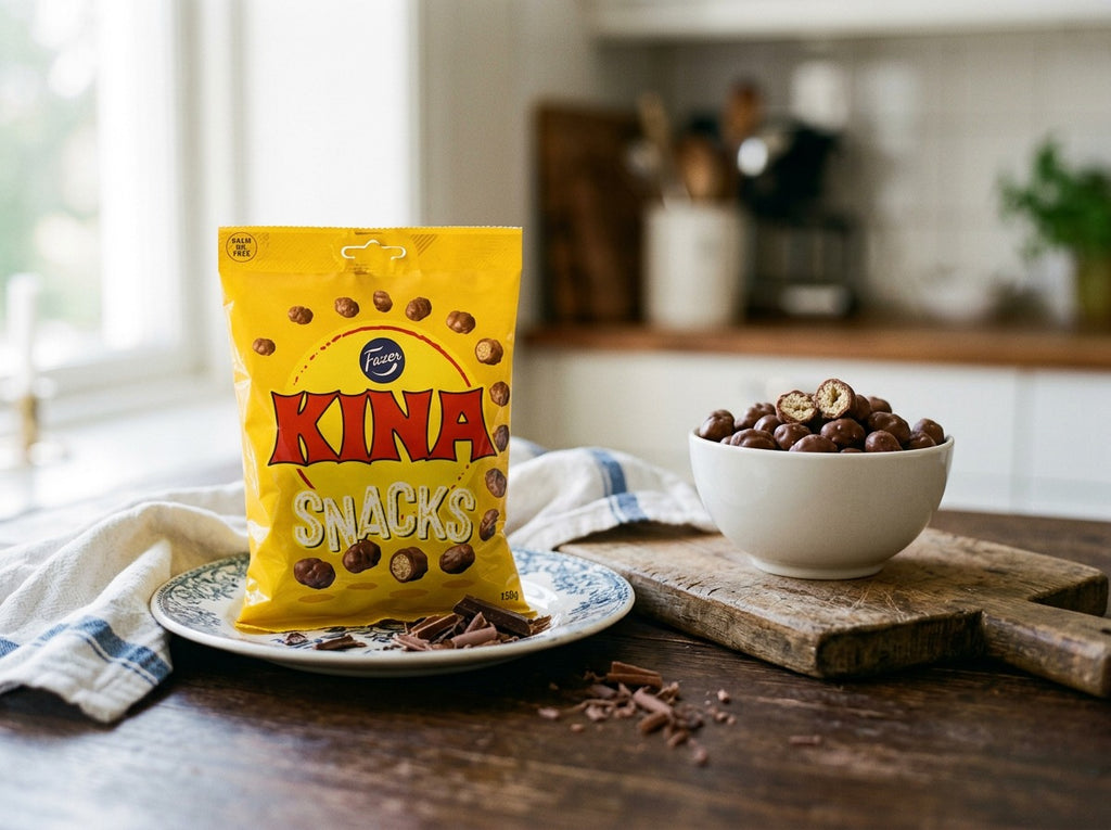 Fazer Kina Gul Snacks (Puffar) 150g – Swedish white chocolate-coated puffed corn candy bag


