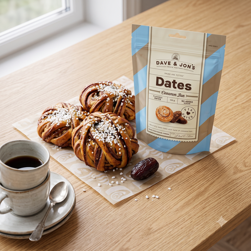 2 x Dave & Jon's Dadlar Cinnamon Bun 125g (4.40 oz) – Swedish Cinnamon Bun Flavored Dates – Vegan Snack