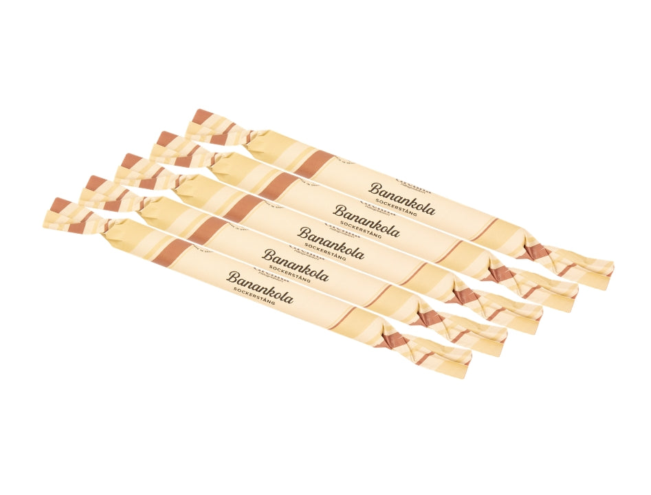 Grenna Polkagriskokeri Sockerstång Banankola 5 x 50g – Handmade Swedish banana toffee rock candy sticks from Gränna

